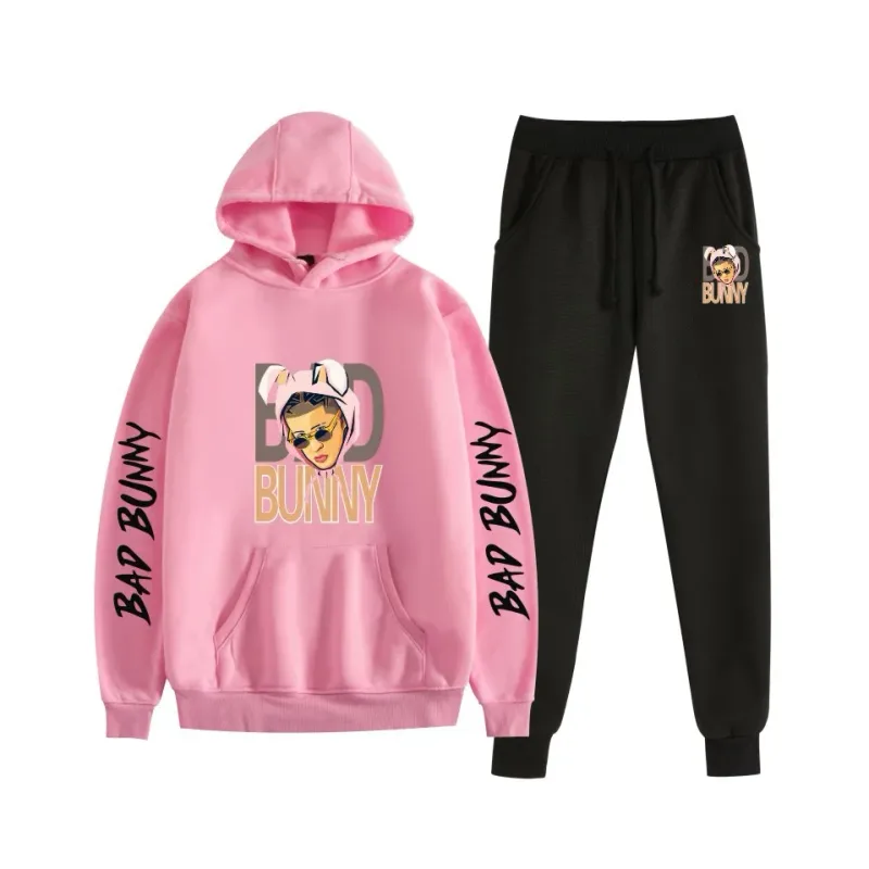 Harajuku confortável bad bunny impressão moletom moletom terno feminino hoodies + calças terno meninos/meninas 2 peça conjunto roupas — image 30