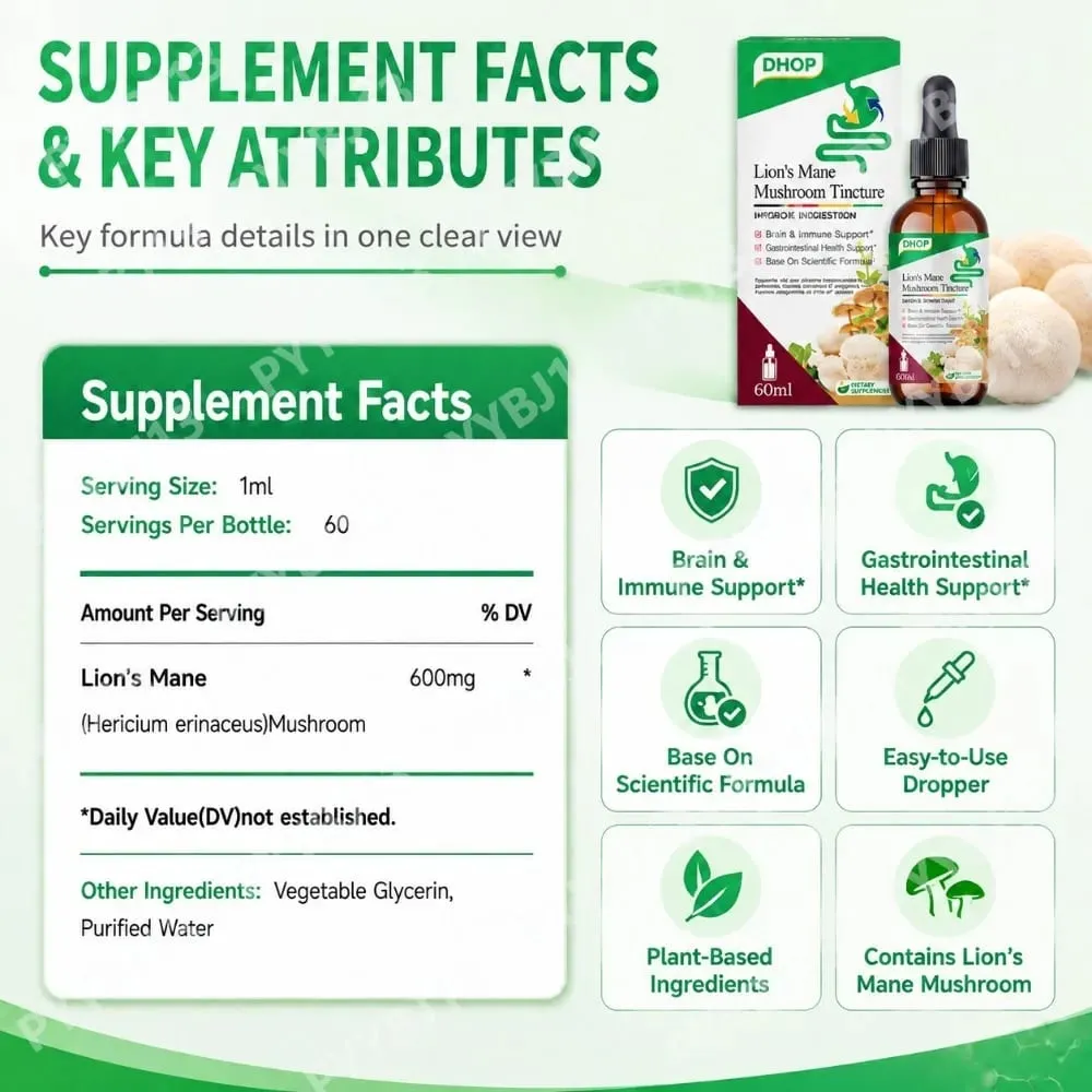 Lion's Mane Mushroom Extract Drops 60ml Hericium Erinaceus Supports Brain Immune Health Vegan Liquid Συμπλήρωμα για Ενήλικες — image 3