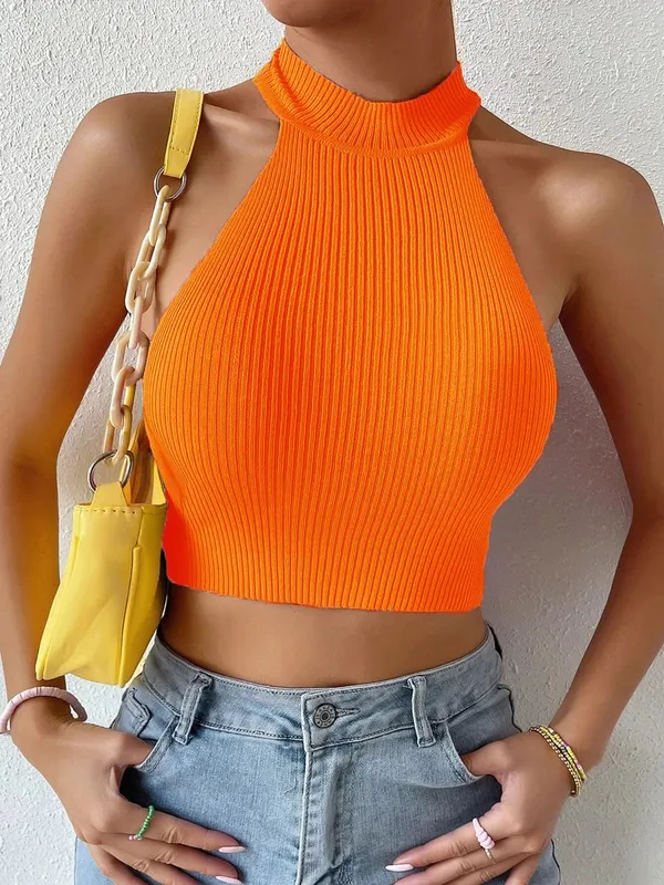 2026 tavaszi női alapok Solid alkalmi szexi bordázott kötött ujjatlan fűző Halter Crossfit Crop Tops Y2k ruhák női felső — image 6