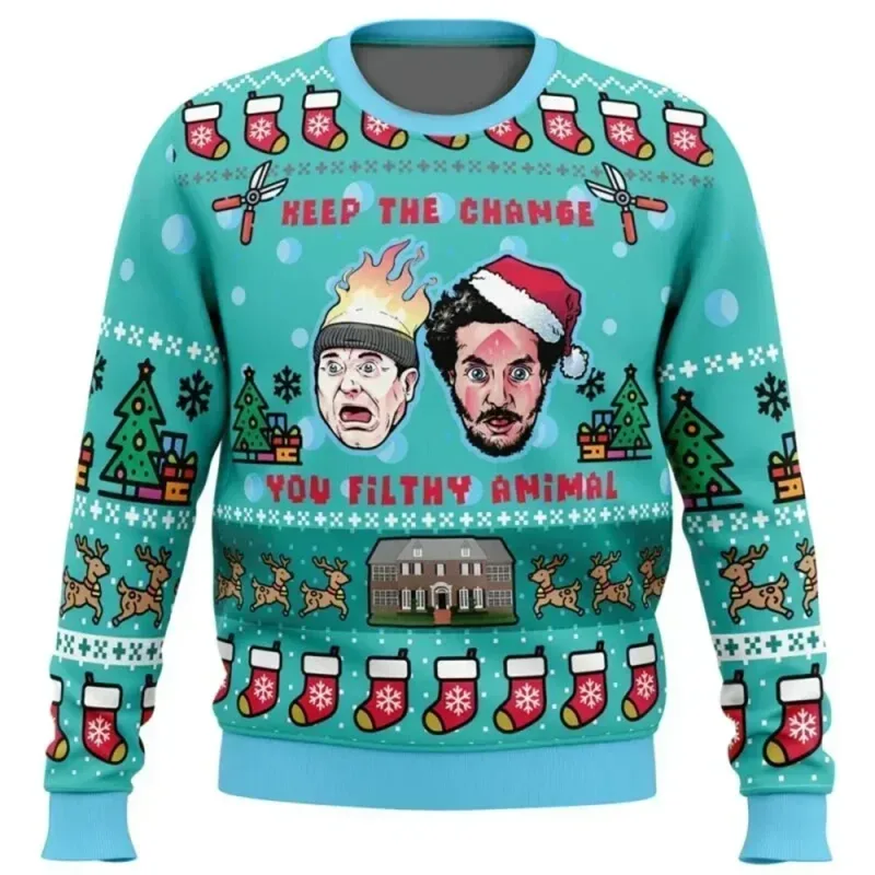 Pull de noël pour hommes et femmes, seul à la maison, moche, col rond, manches longues, vêtements de noël, imprimé drôle en 3D, offre spéciale — image 3