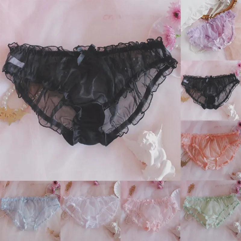 Mga Lalaki Sissy Mesh Chiffon Bow Floral Lace Pouch Underwear Panties Bikini Brief Sheer Knicker Transparent Solid Panlalaking Briefs Shorts — image 7