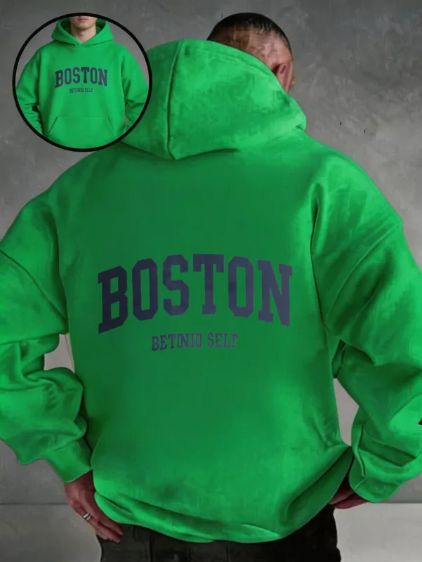 Oversized colorful hoodie, streetwear-style pullover, Boston Betonio back-print design, unisex casual wear, plus size.