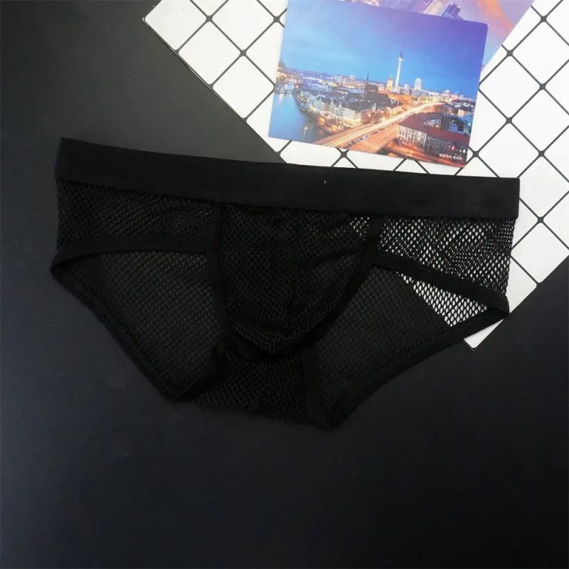 Plus Size Mesh Underwear Men Transparent Large Fishnet U Pouch Briefs Male Low Waist Solid Color Sexy Perspective Male Panties