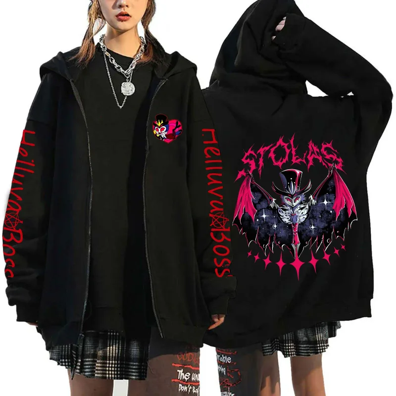 Helluva Boss Print Huvdragkedja Män Kvinnor Fritidsmode Höst Vinter Varm vintage långärmade toppar Fleece sweatshirts med dragkedja