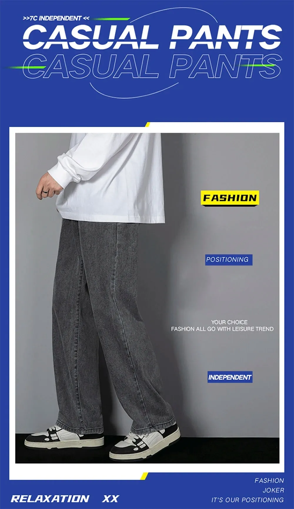 Κορεατικά μονόχρωμα Ανδρικά casual μακρύ τζιν Classic Man Four Seasons ίσιο τζιν Παντελόνι με φαρδύ πόδι ανοιχτό μπλε γκρι μαύρο 3XL