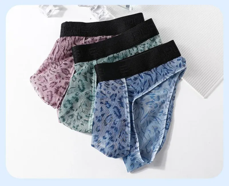 Cuecas masculinas separadas com bolsa dupla, cuecas de seda gelo sem costura, malha respirável, estampa de leopardo, roupa íntima de secagem rápida para viagem