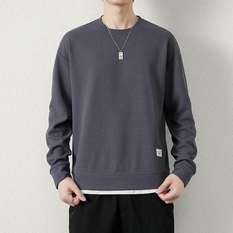 Loose for Fit Plaid Sweatshirt for Men with Long Sleeves Round Neck and Fake Two-Piece Visual Design for Everyday Use — image 29