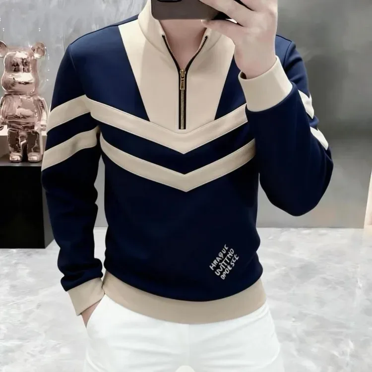 2026 Spring Luxury Stand Collar Sweatshirts Men's Trendy Splicing Hoodie Comfortable Versatile Casual Sweatshirts Men Clothing — image 3
