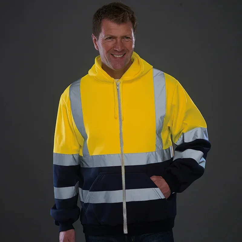 Reflective Work Safety Men Hoodies Drawstring Loose Zipper Jacket Autumn Thin Fleece Hooded Pullover Coat Casual Work Sweatshirt — image 2