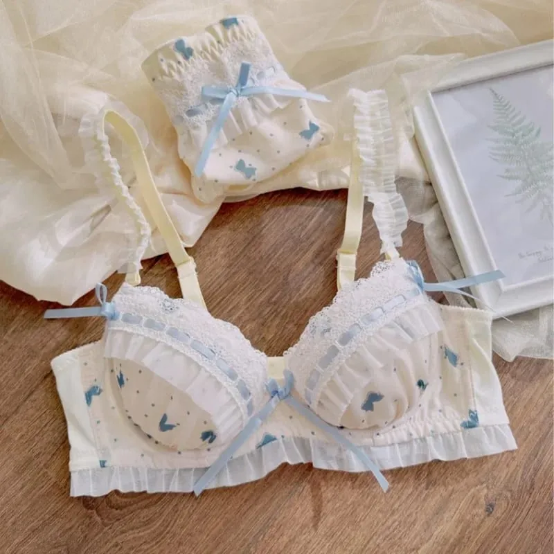 Nippon's Pure Desire Cute Princess Style Thin Cup Σετ σουτιέν Εκτύπωση Χαριτωμένο σουτιέν με φιόγκο Άνετα εσώρουχα δαντέλα Γοτθικό