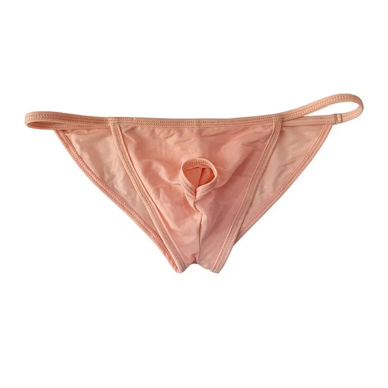 Cuecas sexy masculinas ultrafinas de seda gelo cuecas dupla divisão biquíni com buracos personalizado u-convexo design calcinha — image 10