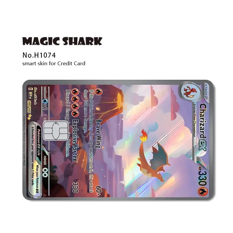 Magic Shark Mew Charizard EX Eevee Gengar Pikachu TCG כרטיס הולוגרפי לייזר מדבקה לסרטי עור לכרטיס אשראי בנקאי — image 12