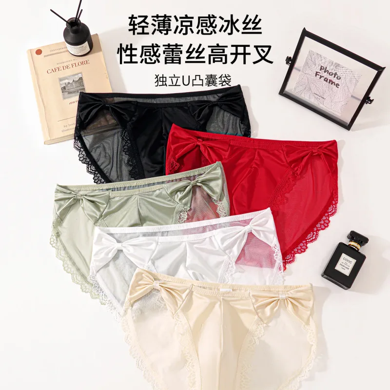 Women Panties for Men Bow High Cut Briefs Lace Mesh Sheer Underwear U Convex Pouch Breathable Underpant French Style Nightwear