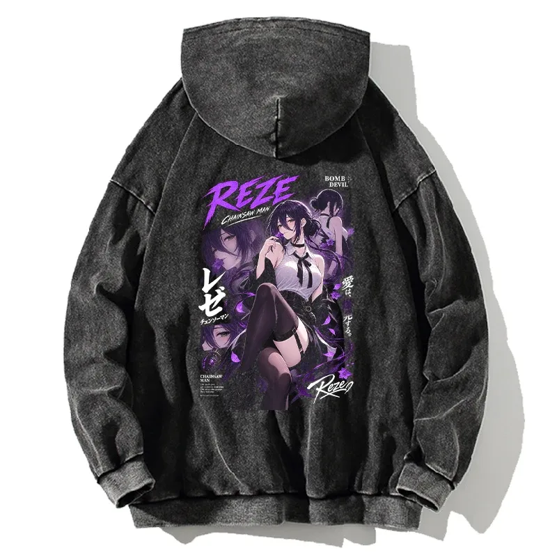 Reze Chainsaw Man Anime Retro Hoodies Harajuku Vintage Washed Streetwear Men Women Clothing Long Sleeves 100% Cotton Hooded Tops — image 2