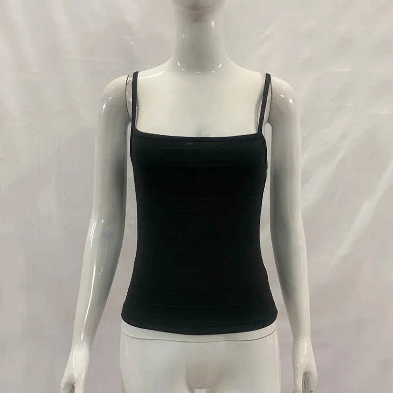 Női nyári egyszínű kötés Camisole Slim Fit négyzet alakú nyakú spagetti pánt bordás kötött Cami felső