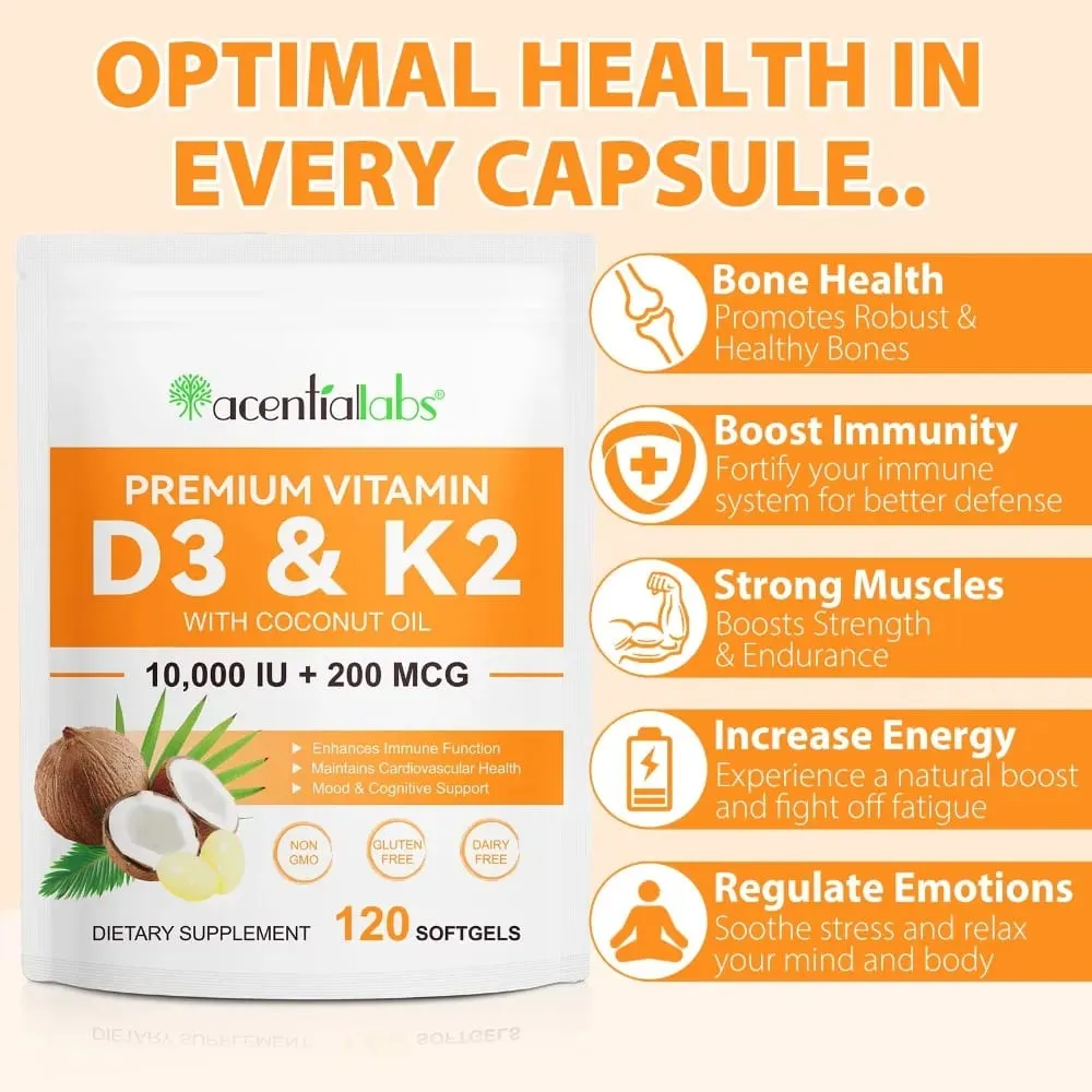 AcentiaLabs D3- és K2-vitaminos lágyzselé kókuszolajjal, immunfunkcióval és csonttámogatással gluténmentes, nem GMO 120 lágyzselé — image 5
