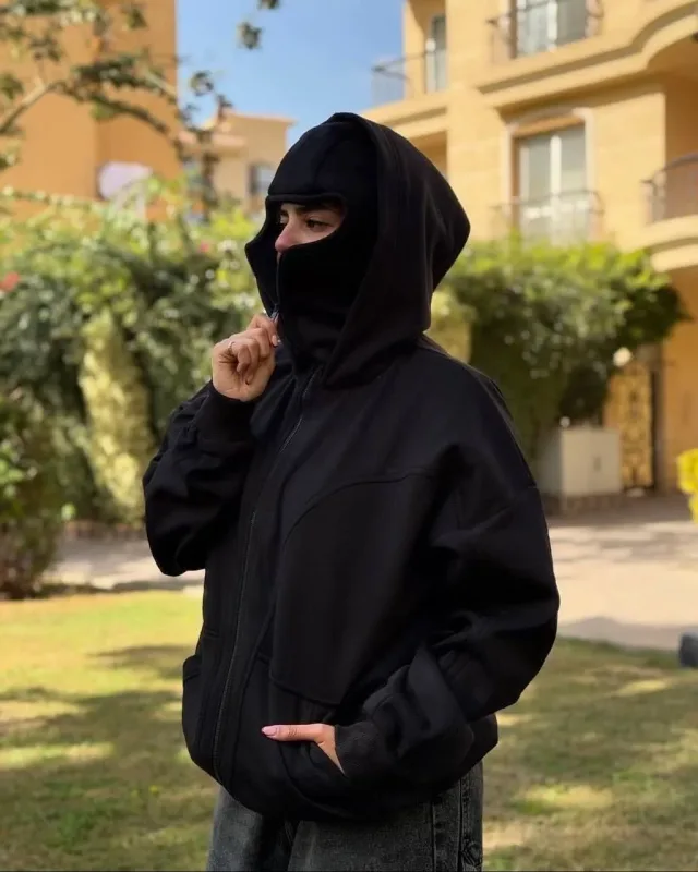 Balaclava moda personalidade hoodie masculino cor sólida dupla camada com capuz pulôver moletom y2k retro hip hop inverno streetwear — image 2
