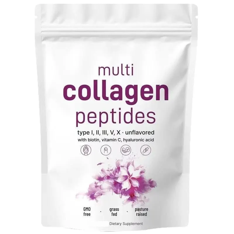 Multi Collagen Peptides I II III V típusú por biotin C-vitaminnal és hialuronsavval támogatja a bőrt, haj körmöket férfiaknak, nőknek