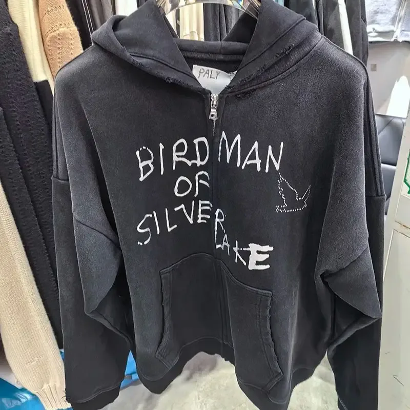 Hoodies PALY Bersaiz Besar Baru Lelaki Wanita Dicuci Hitam Rosak Kualiti Terbaik Kasual Vintage Cardigan Zip Sweatshirt