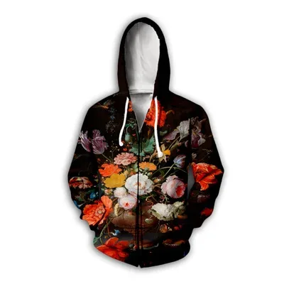 Flower Floral Pattern 3D Print Zipper Hoodies Men's Autumn Hooded Sweatshirts Oversized Streetwear Tracksuit Coat Man Clothing