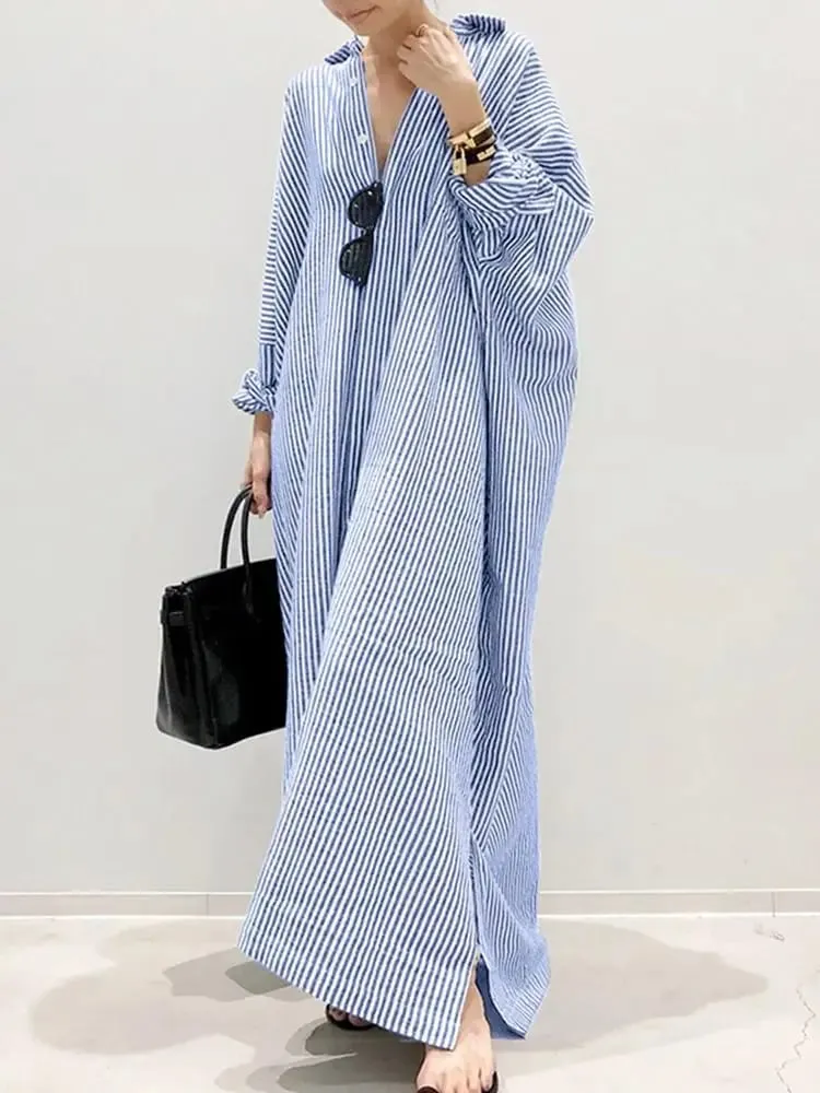 2025 Stripe Printed Beach Party Sundress ZANZEA Ανοιξιάτικο φθινόπωρο Γυναικείο μακρυμάνικο πέτο φόρεμα με ρεβέρ, Casual Loose Vestidos