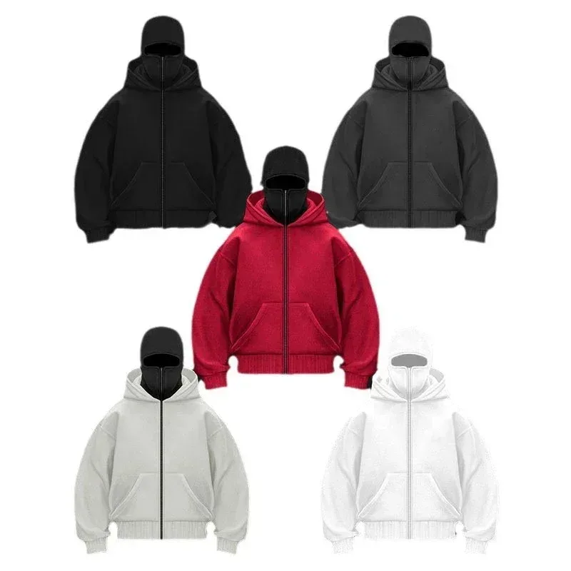 Balaclava moda personalidade hoodie masculino cor sólida dupla camada com capuz pulôver moletom y2k retro hip hop inverno streetwear — image 3