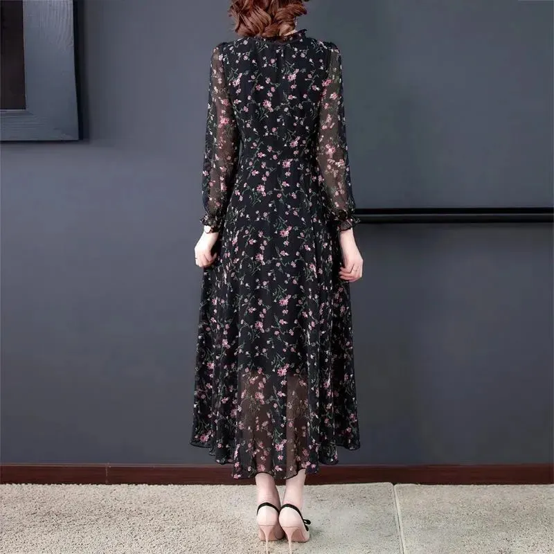 Women Summer Chiffon Printed Dresses 2025 Spring Summer Long Elegant Drawstring Dress Female Large Size Midi Dresses 6XL W752