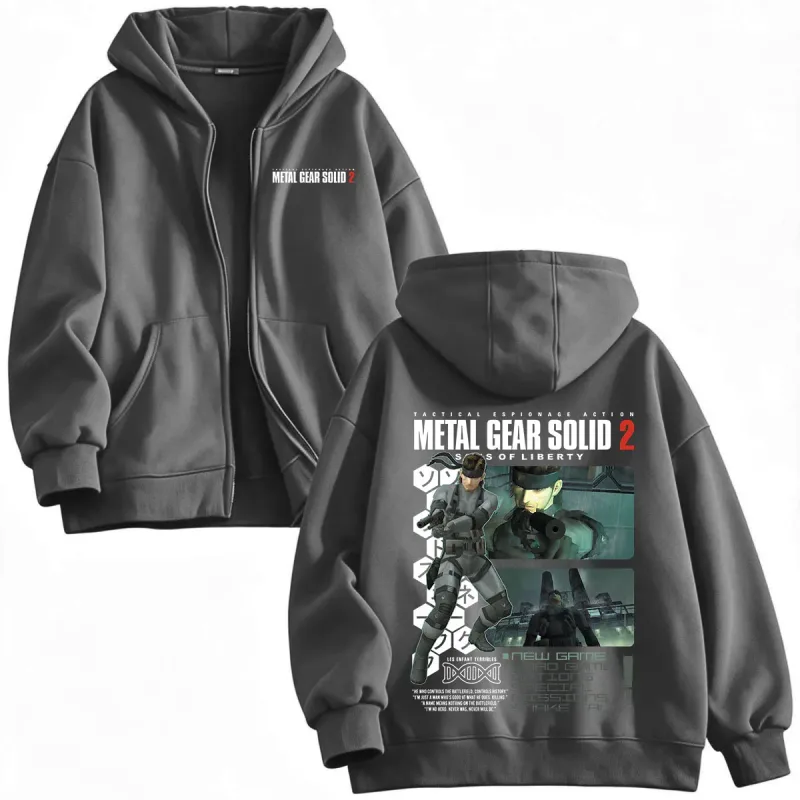 Metal Gear Solid 2 Sons of Liberty MGS2 Solid Snake Game Zipper Hoodies Homens Mulheres Fleece Zip Up Moletom Com Capuz Jaquetas Casacos