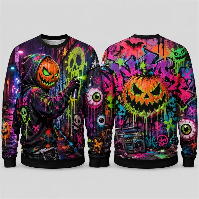 Pumpkin Ghost Graffiti Sweatshirt Halloween Mens 3D Print Polyester Crew Neck Long Sleeve Hip Hop Fashion Pullover Oversized Fit