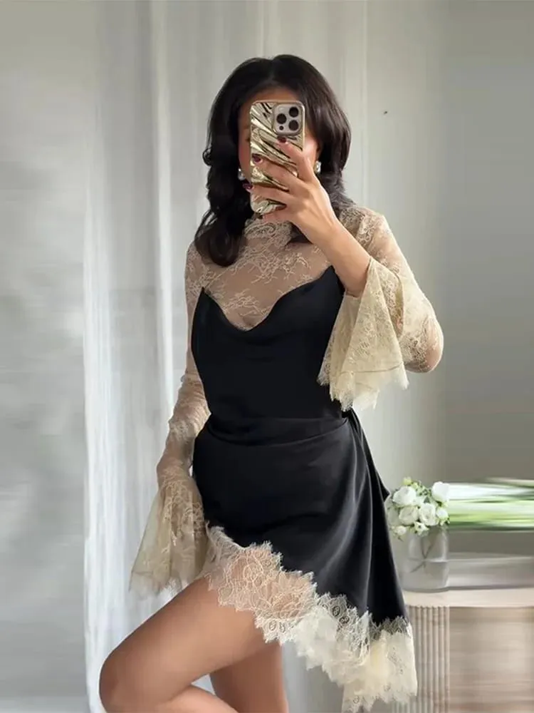 Elegáns szatén virágos csipke patchwork mini ruha nőknek, szabálytalan szegélyű, hosszú ujjú női ruhák, 2026-os elegáns esti parti Vestidos — image 5