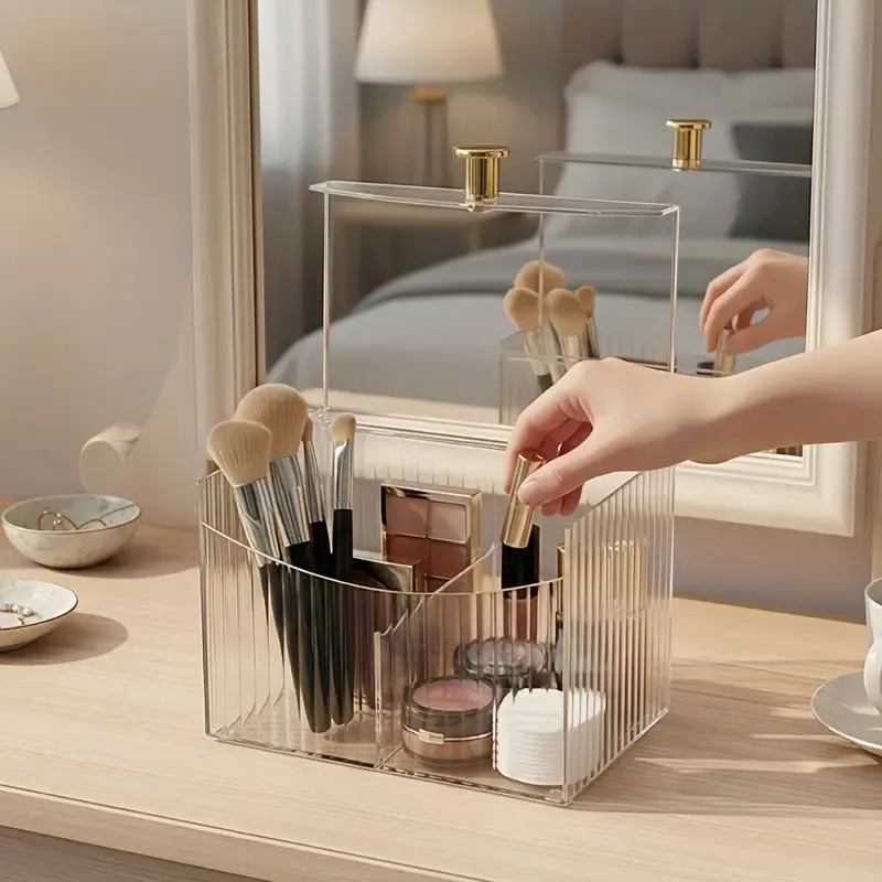 Clear Acrylic Makeup Brushes Holder with 2 Compartments and Flip Cover Makeup Tools Organizer Lipstick Holder Cosmetics Storage