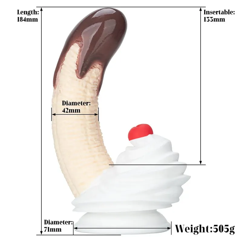 Banán Sundae szilikon vibrátor erős tapadókorongos krémmel és cseresznye dizájnnal, három méretű élelmiszer minőségű szilikon szexjáték unisex számára