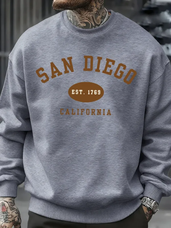 San Diego California Letter Printed Men Pullover Sweatshirts Soft Fleece Sweatshirt Crewneck Casual Clothes Oversized Streetwear