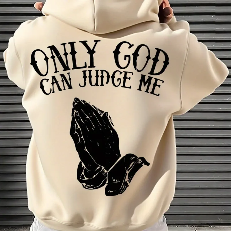 Luvtröja "Only God Can Judge Me" för män Streetwear med praying hands Grafisk inspirerande tröja för vardagskläder — image 5