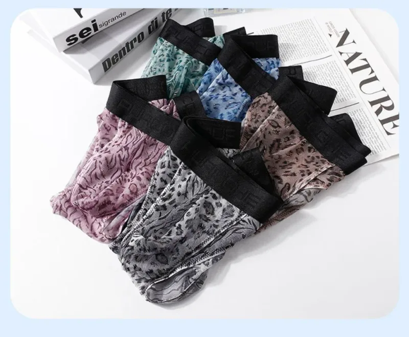 Cuecas masculinas separadas com bolsa dupla, cuecas de seda gelo sem costura, malha respirável, estampa de leopardo, roupa íntima de secagem rápida para viagem