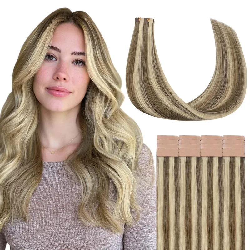 Sunmofavo Tape In Remy Human Hair Extensions Παχιά μεταξένια ίσια φυσική καφέ αόρατη ταινία 20 τμχ. — image 17