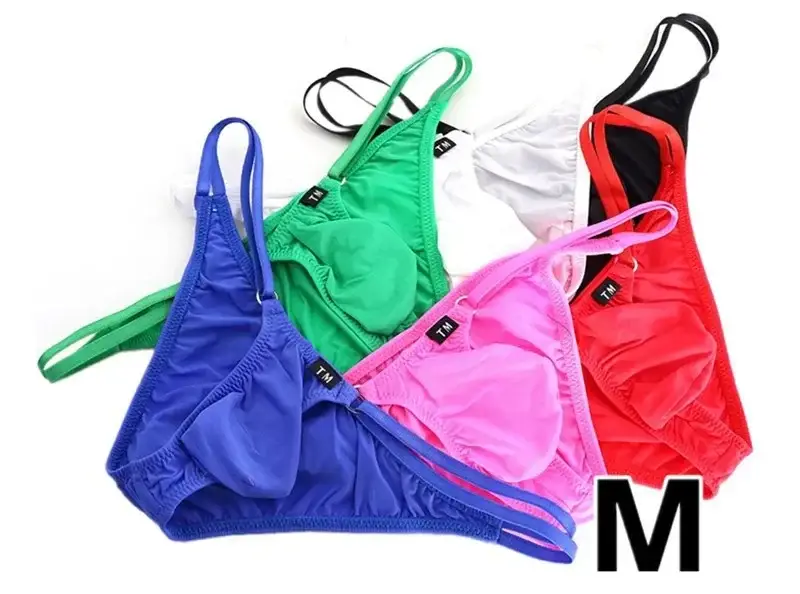 Homens ajustável metal o-ring dupla alça fina bikini briefs cintura baixa sedosa gelo seda 3d u bolsa convexa sexy roupa interior masculina