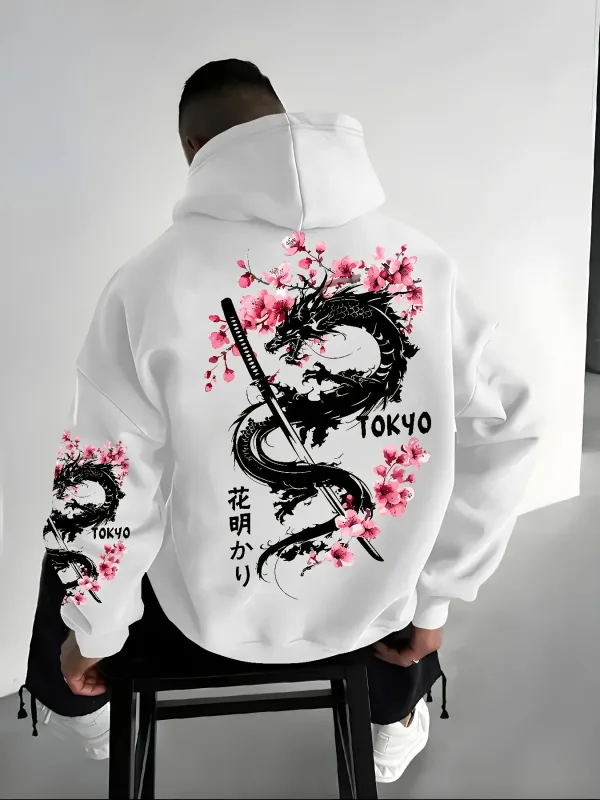 Novo anime masculino dragão flor de cerejeira impresso moletom com capuz inverno velo quente casual rua conforto inspirado design hoodie — image 5