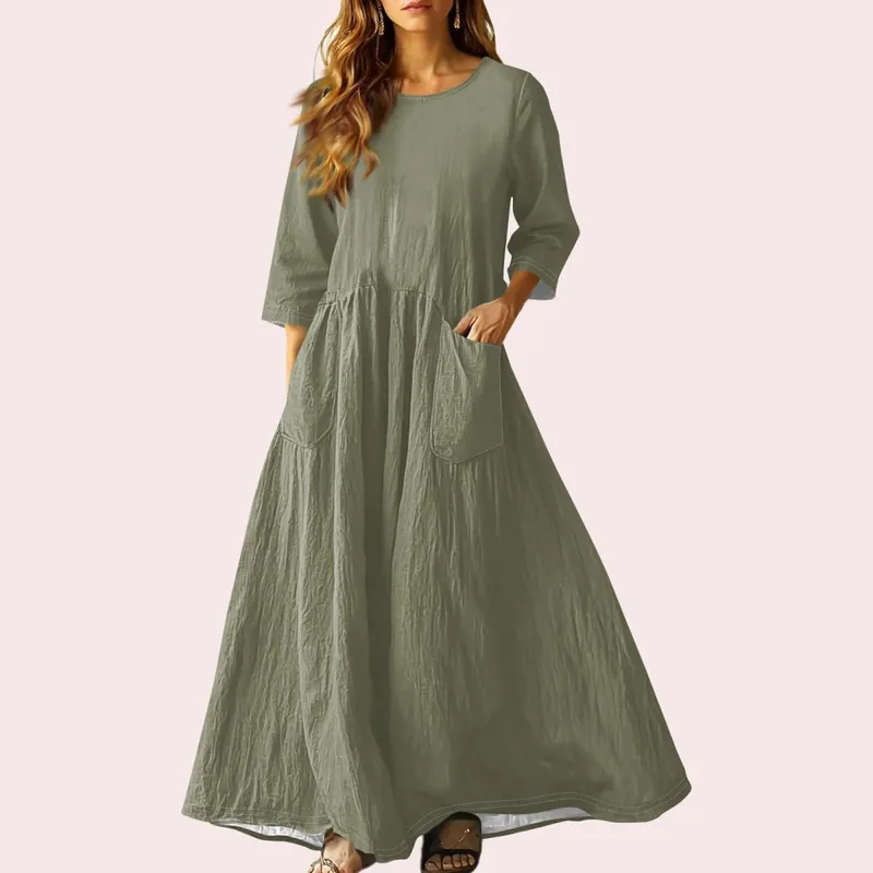 Women's Summer Loose Long Dresses Solid Color Three-quarter Sleeve Double Pocket Dress Loose Round Neck Linen Dress Vestidos