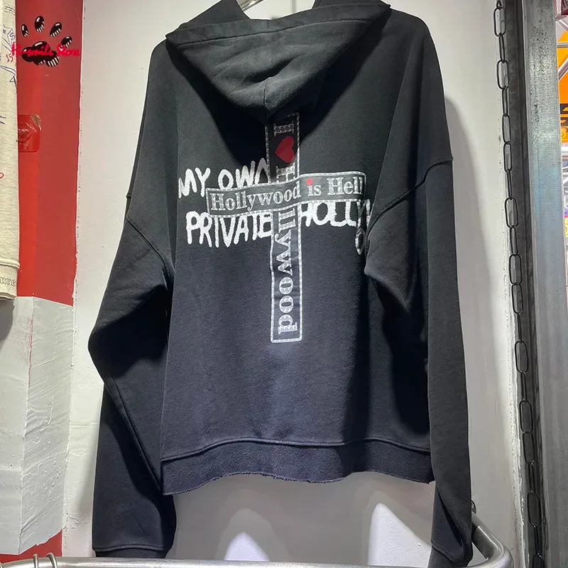 Hoodies PALY Bersaiz Besar Baru Lelaki Wanita Dicuci Hitam Rosak Kualiti Terbaik Kasual Vintage Cardigan Zip Sweatshirt