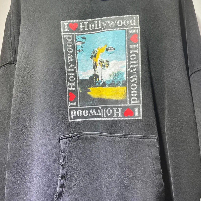 Hoodies PALY Bersaiz Besar Baru Lelaki Wanita Dicuci Hitam Rosak Kualiti Terbaik Kasual Vintage Cardigan Zip Sweatshirt