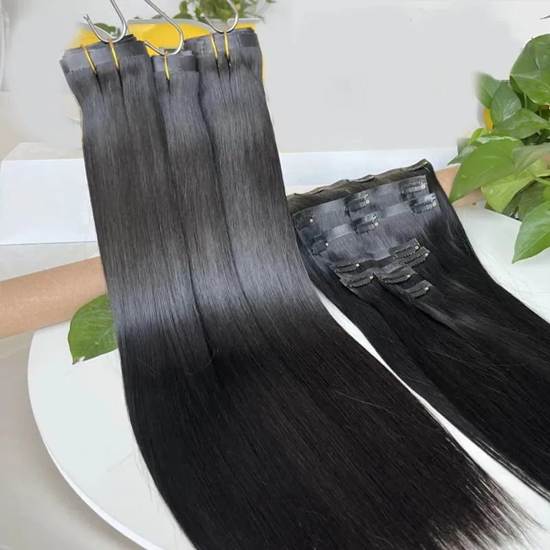 Bone Straight Clip In Emberi Hajhosszabbítás Feldolgozatlan nyers Hajhosszabbítás Teljes fejű Seamless Clip Ins Hosszabbító 100g/7db — image 3