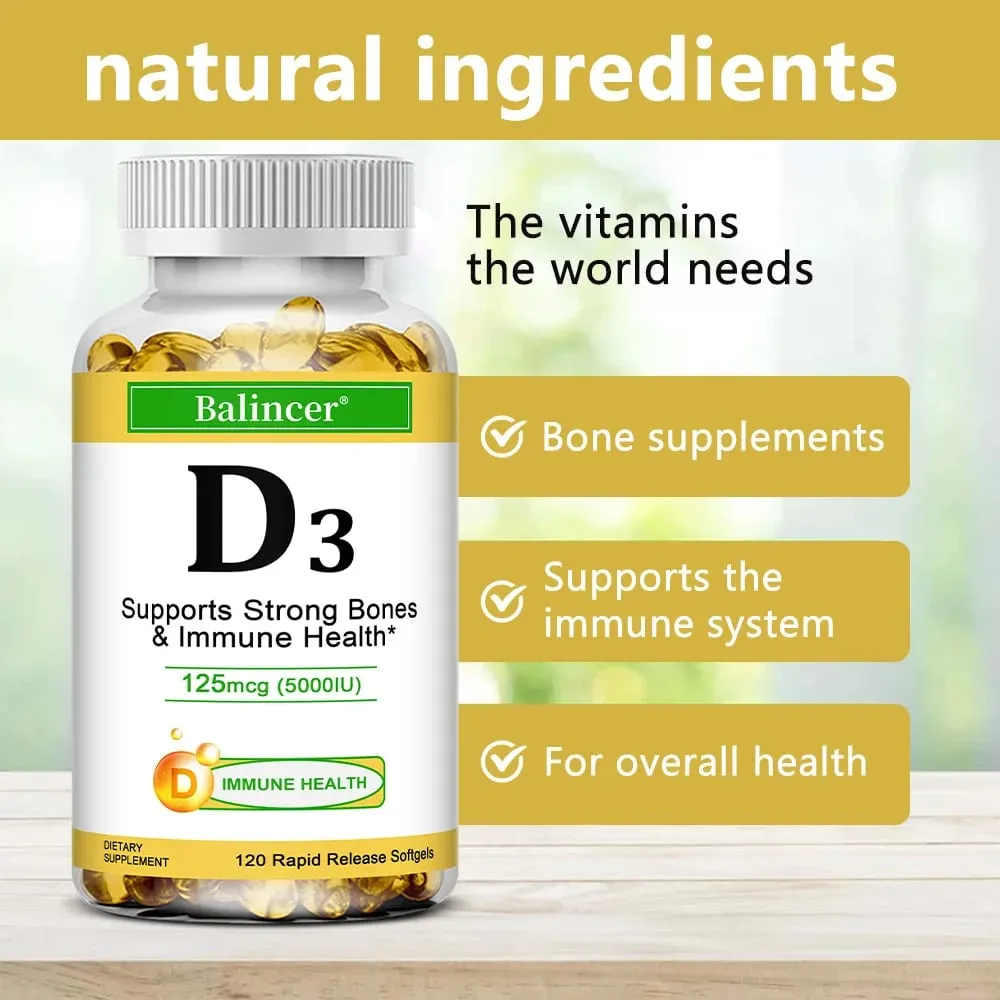 Συμπλήρωμα διατροφής Balincer Vitamin D3 5000 IU (125 mcg) για οστικά δόντια Μύες και Υποστήριξη Ανοσοποιητικής Υγείας 30/60/120 Softgels — image 2