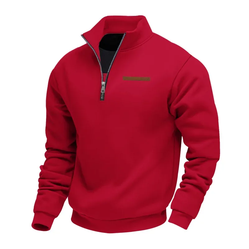 Moletom masculino com zíper com gola alta, pulôver casual de lã quente com listras decorativas no peito