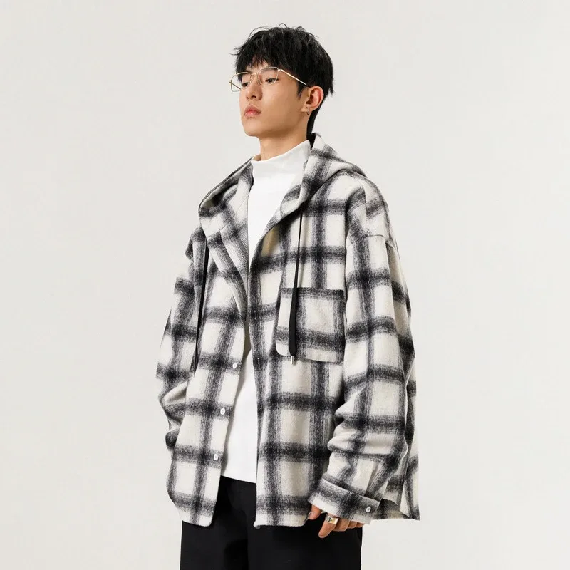 Y2K Loose Plaid Hooded Jacket Men Fashion High Street Large Sized Cardigan Outerwear Man Korean Vintage Single Breasted Hoodies