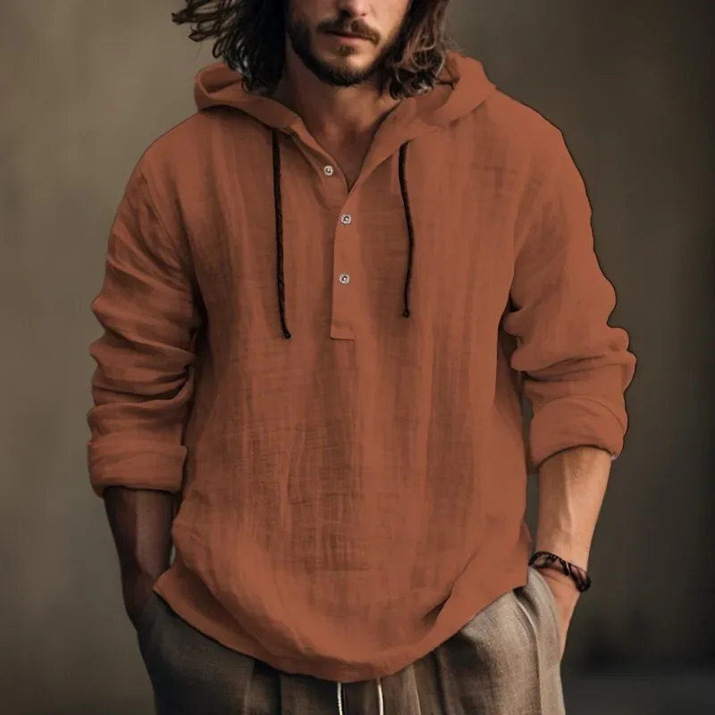 2025 nova blusa casual masculina camisa de linho de algodão solto topos manga longa camiseta primavera outono casual camisas masculinas com capuz — image 8