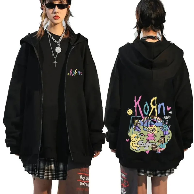 Korn rock band carta logotipo zíper hoodie masculino metal gótico vintage oversized zip up hoodies streetwear punk camisolas jaquetas — image 20