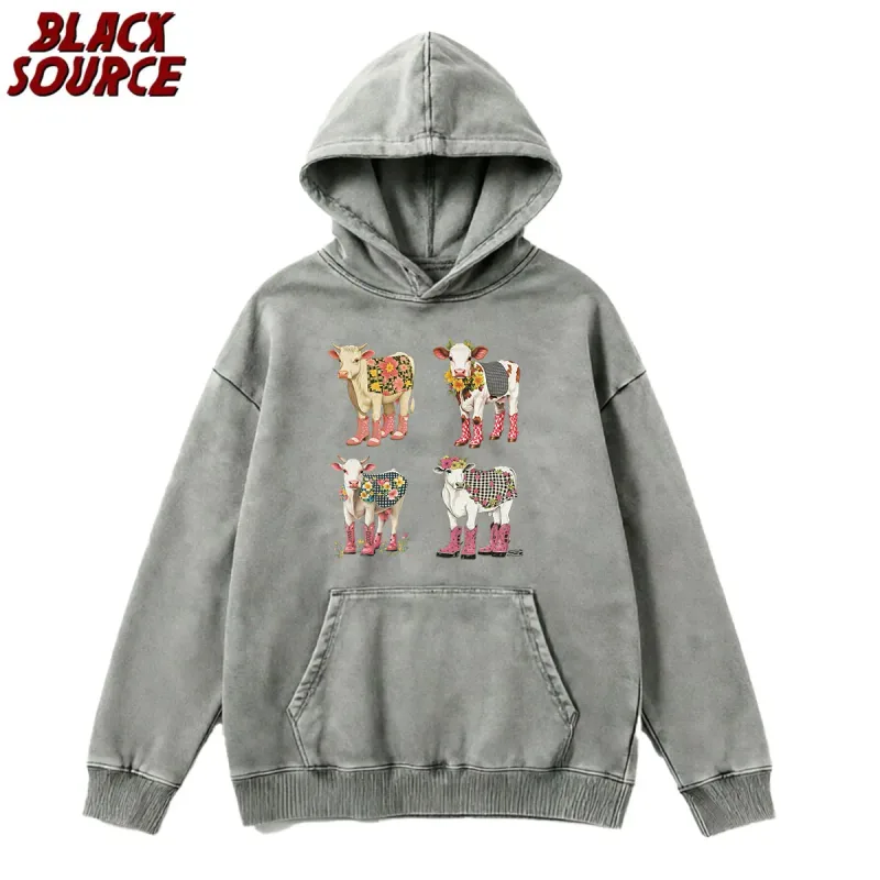 T078 Cute Cartoon Cow Print Hoodie, Washed Neutral Style Pullover Sweatshirt, Fashion Trend Casual Streetwear Daily Wear — image 18