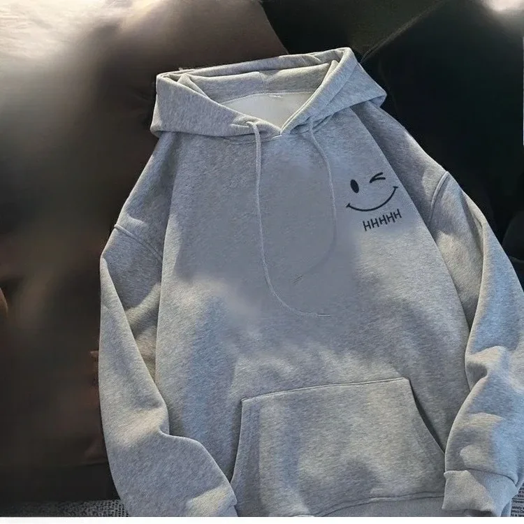 Rosto sorridente masculino engraçado moda casal camisola com capuz americano peso pesado solto engrossado cashmere meninos moletom com capuz topo
