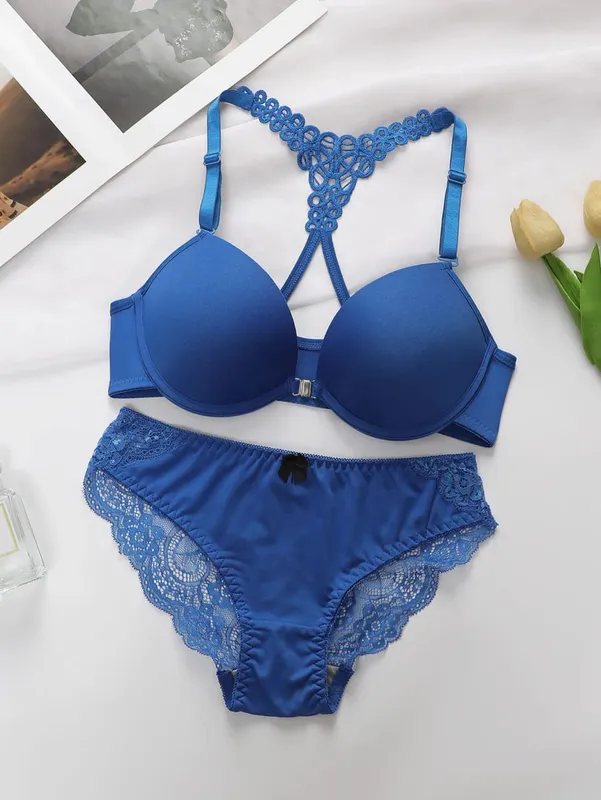 Ladies' black red blue with steel rims front buckle beautiful back pull up bra underwear set A2128 — image 5